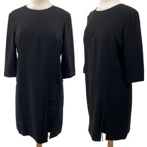 Tibi Drop Waist Mini Shift Dress 3/4 Sleeve Side Hem Lace Up Black Womens 10